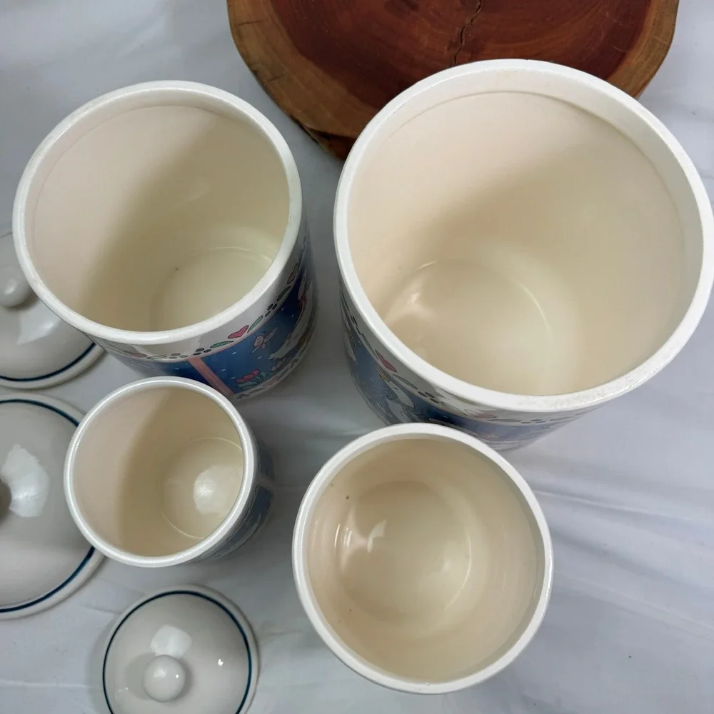 Vintage Country Goose Ceramic Canister Set 4 Piece Blue Pink Hearts 80s Kitchen